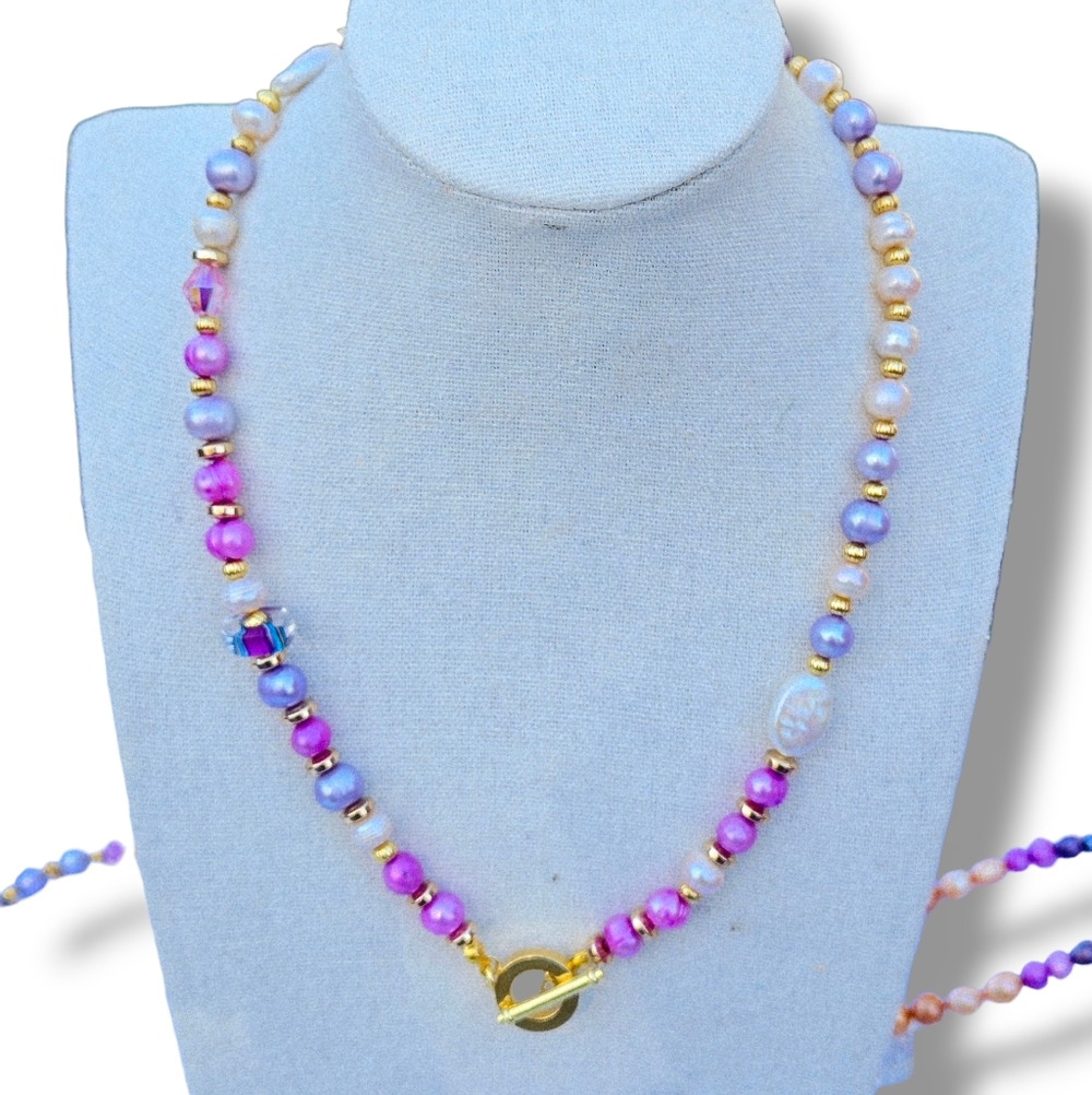 Freshwater Pearl Gold Toggle NEW Necklace Pink Purple White 18"
